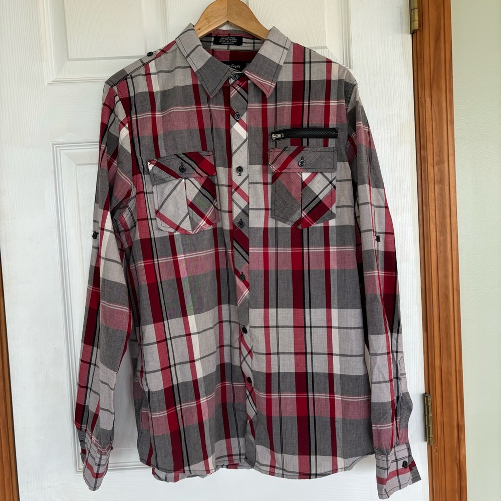 EIGHTY EIGHT PLATINUM Men's Button Front  Shirt Size L Plaid Red Long Sleeve